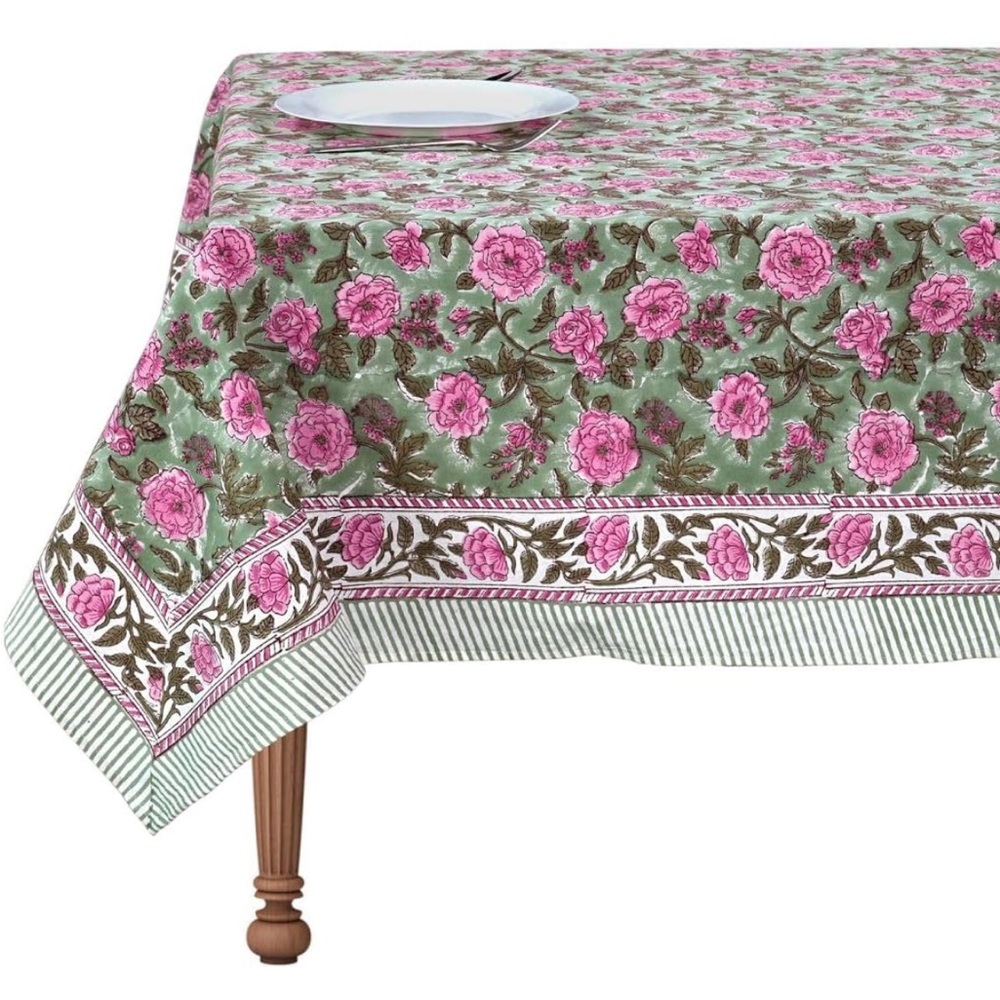 CPC NEW 100% cotton Indian block print rectangular table cloth green/pink 70x108